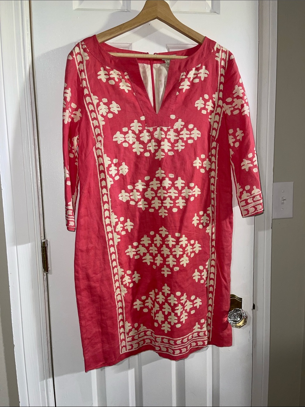 J. Crew Pink Printed V-Neck Mini Dress with Cream Motif